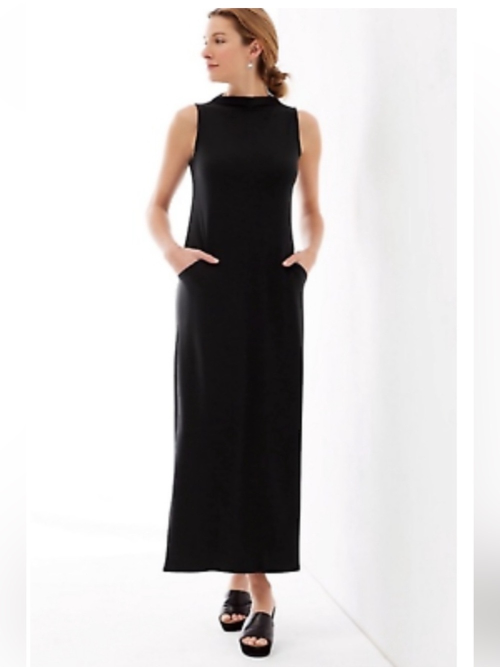 J JILL PURE JILL LUXE TENCEL BLACK MOCK NECK SLEEVELESS MAXI DRESS SZ LARGE